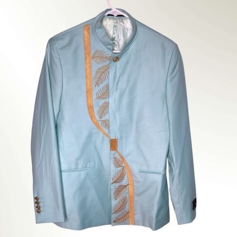 NWOT Fonte Mint Green/Gold Embroidery Wool‎ Blazer Jacket Men 48 Turkey Wool